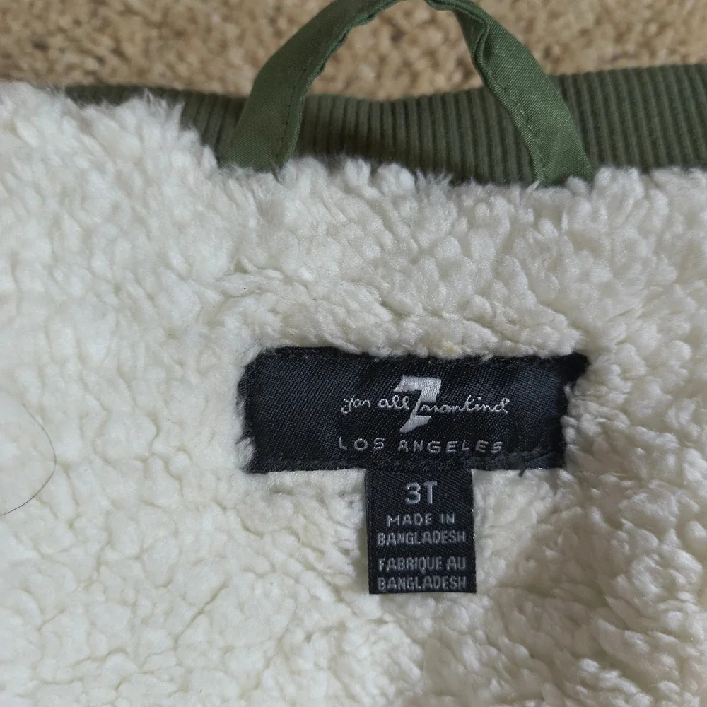 7 For All Mankind Kids Olive Green Puffer Vest Sherpa‎ Lined Bomber Style 3T
